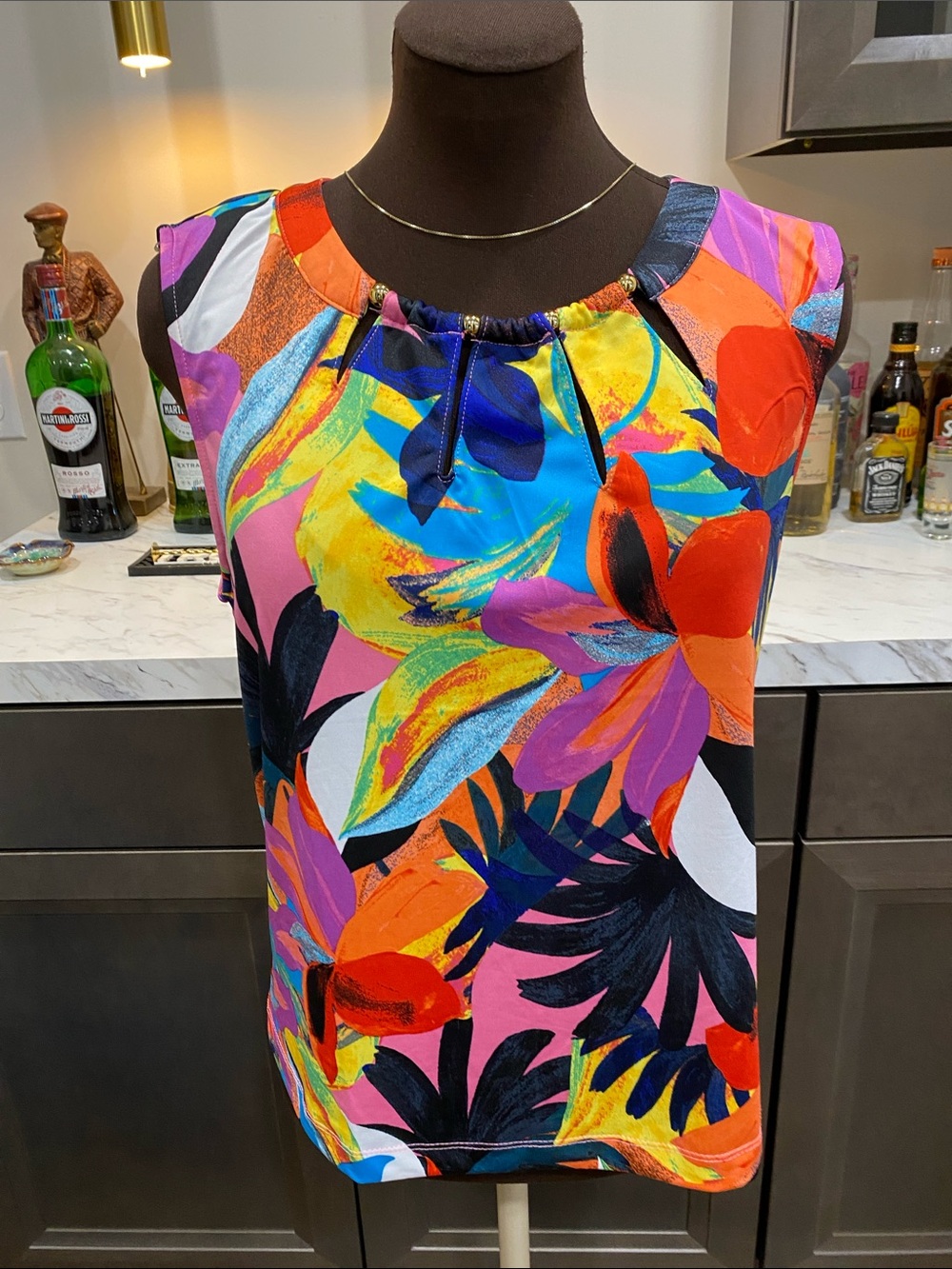 Zac & Rachel shirt top blouse tunic tank  Tropical Floral colorful pullover gold